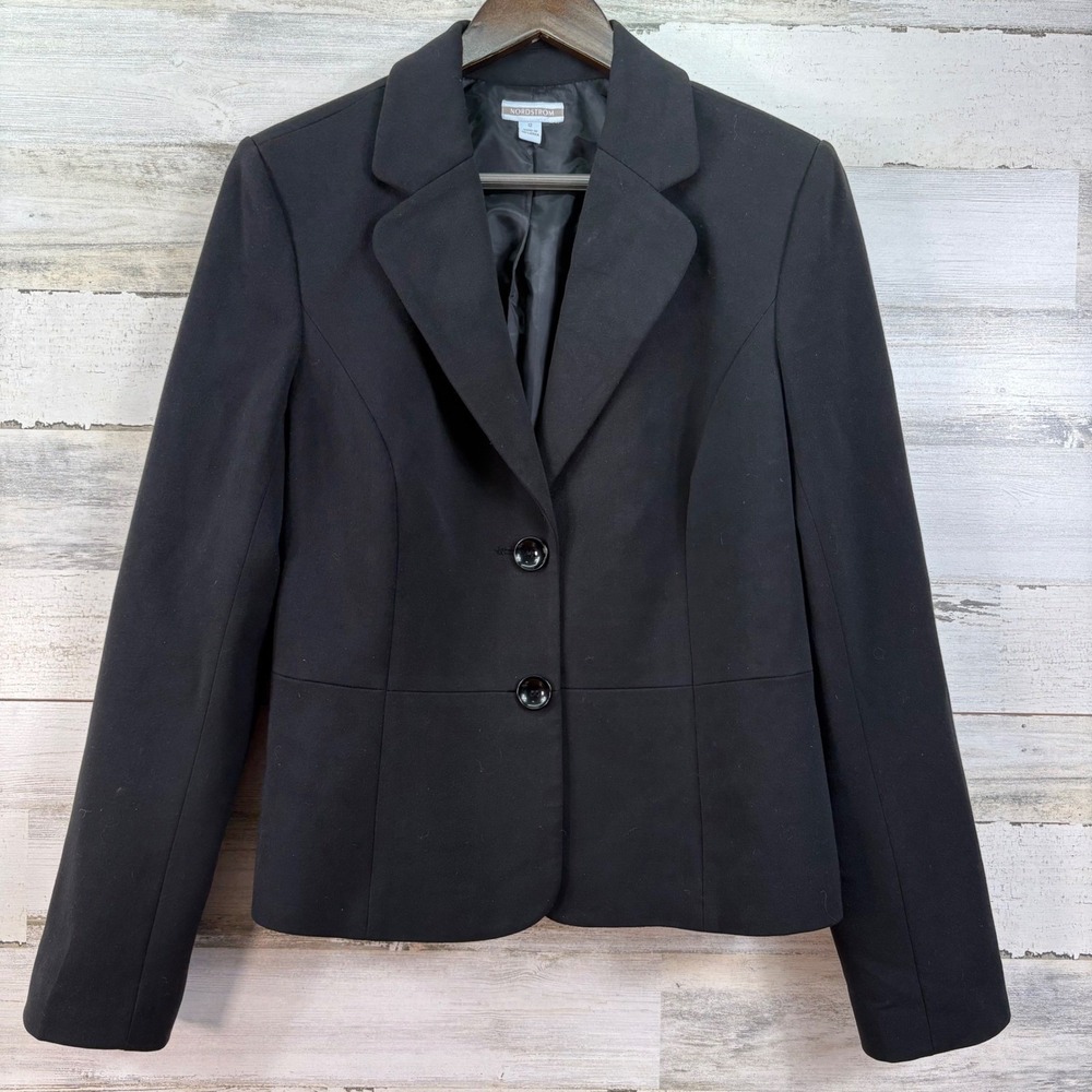 Nordstrom Black Two Button Stretch Peplum Blazer Jacket Size 12 Vintage 90s Chic